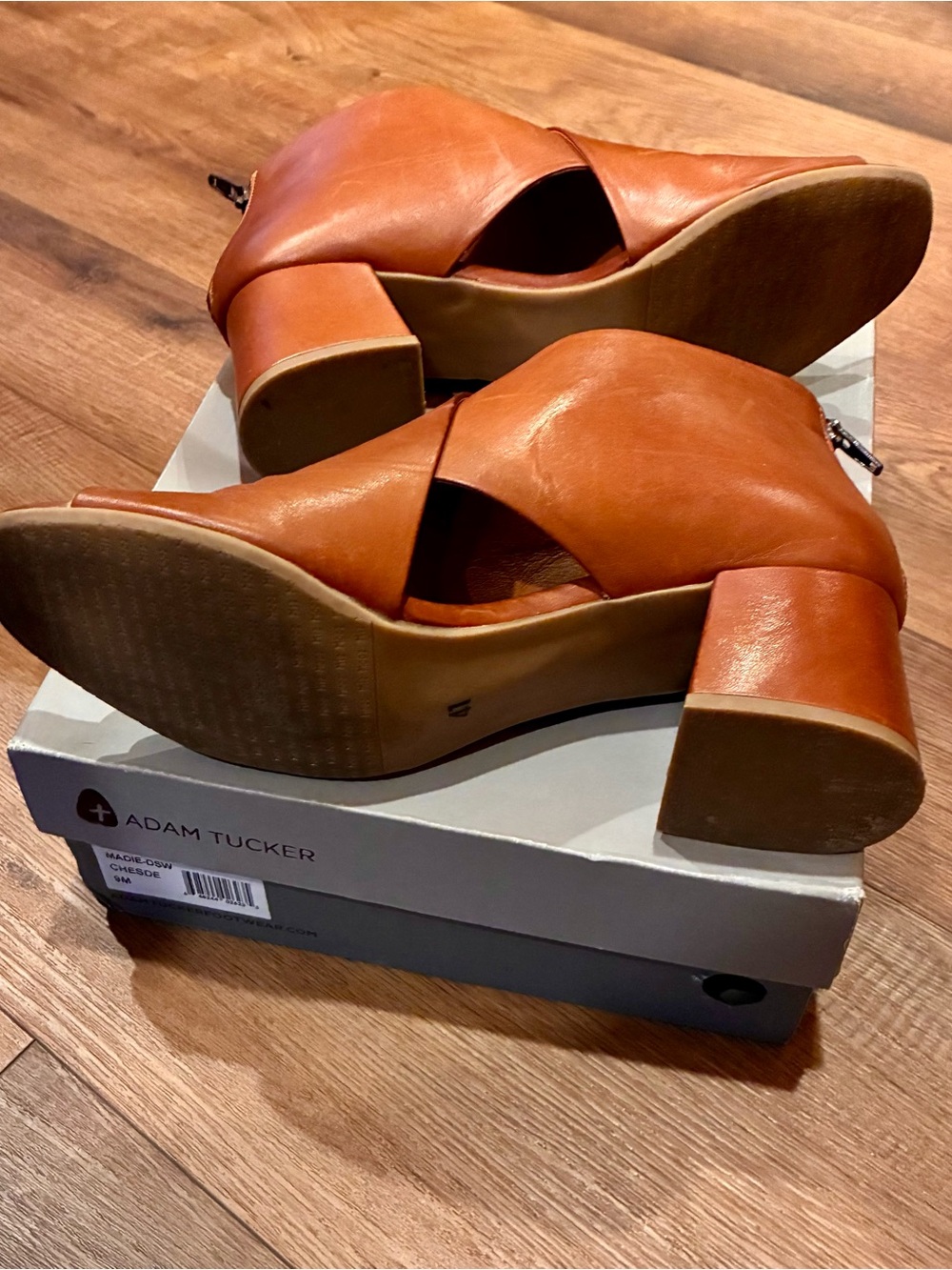 Miz Mooz Caramel Tan Leather Peep-Toe Block Heel Zip Back Booties size 41 - Picture 6 of 8
